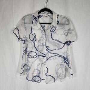 Cabi White Blue Nautical Rope Short Sleeve Sheer Button Up Top Womens Small